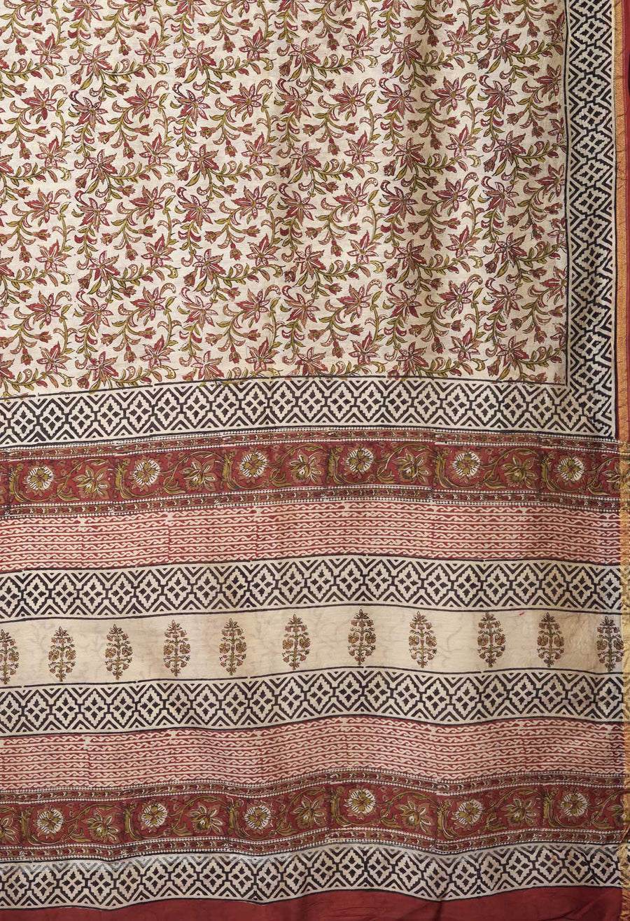 Cream Pure Bagru Kalamkari Printed Chanderi Sico Saree-UNM82651 - Pehnaawaa