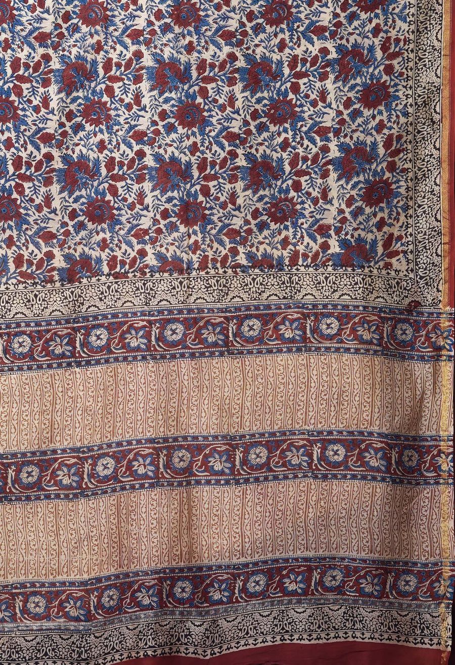 Cream Pure Bagru Kalamkari Printed Chanderi Sico Saree-UNM82653 - Pehnaawaa