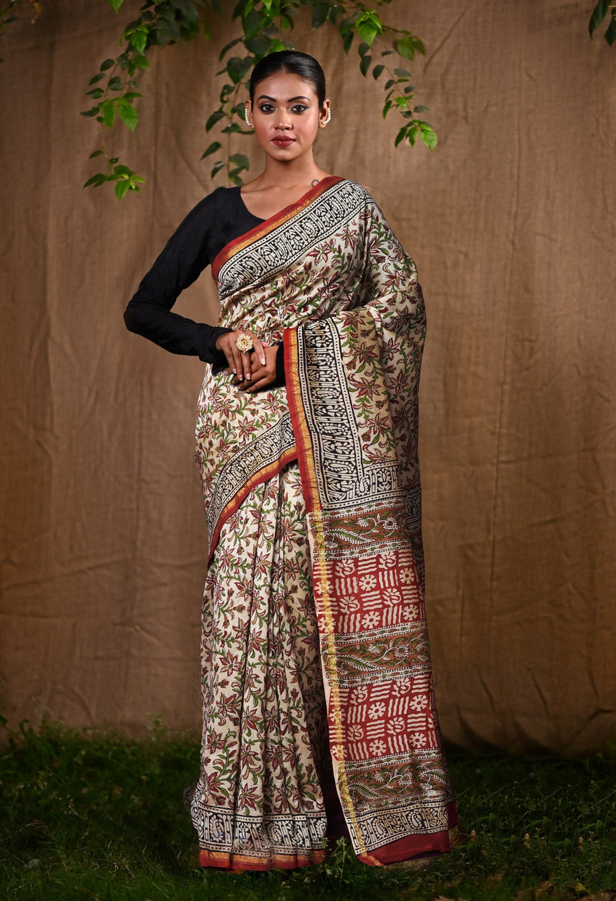 Cream Pure Bagru Kalamkari Printed Chanderi Sico Saree-UNM82658 - Pehnaawaa