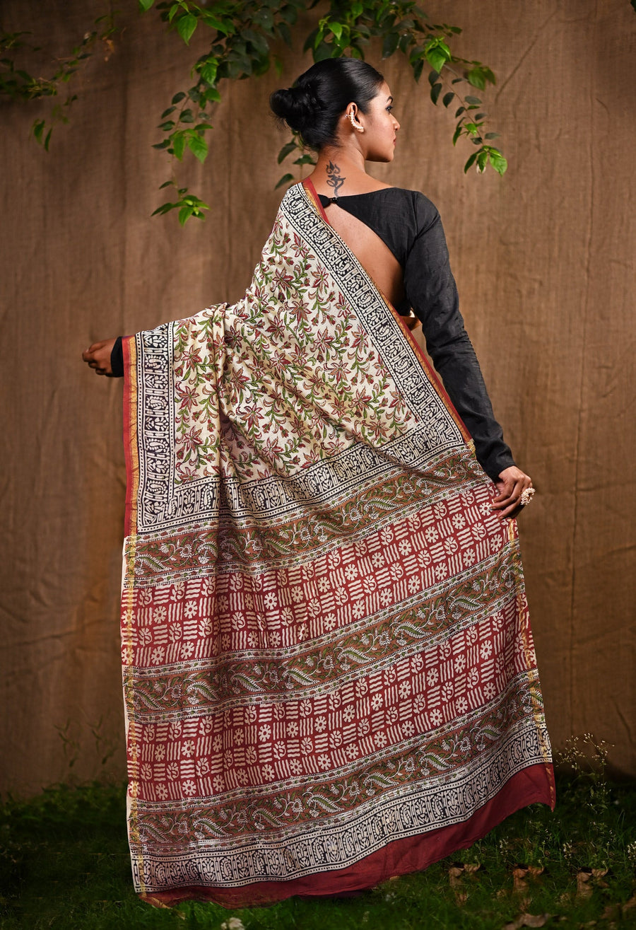 Cream Pure Bagru Kalamkari Printed Chanderi Sico Saree-UNM82658 - Pehnaawaa
