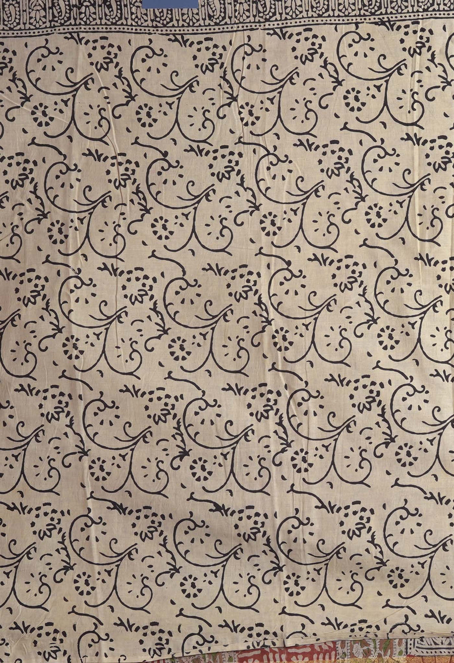 Cream Pure Bagru Kalamkari Printed Chanderi Sico Saree-UNM82658 - Pehnaawaa