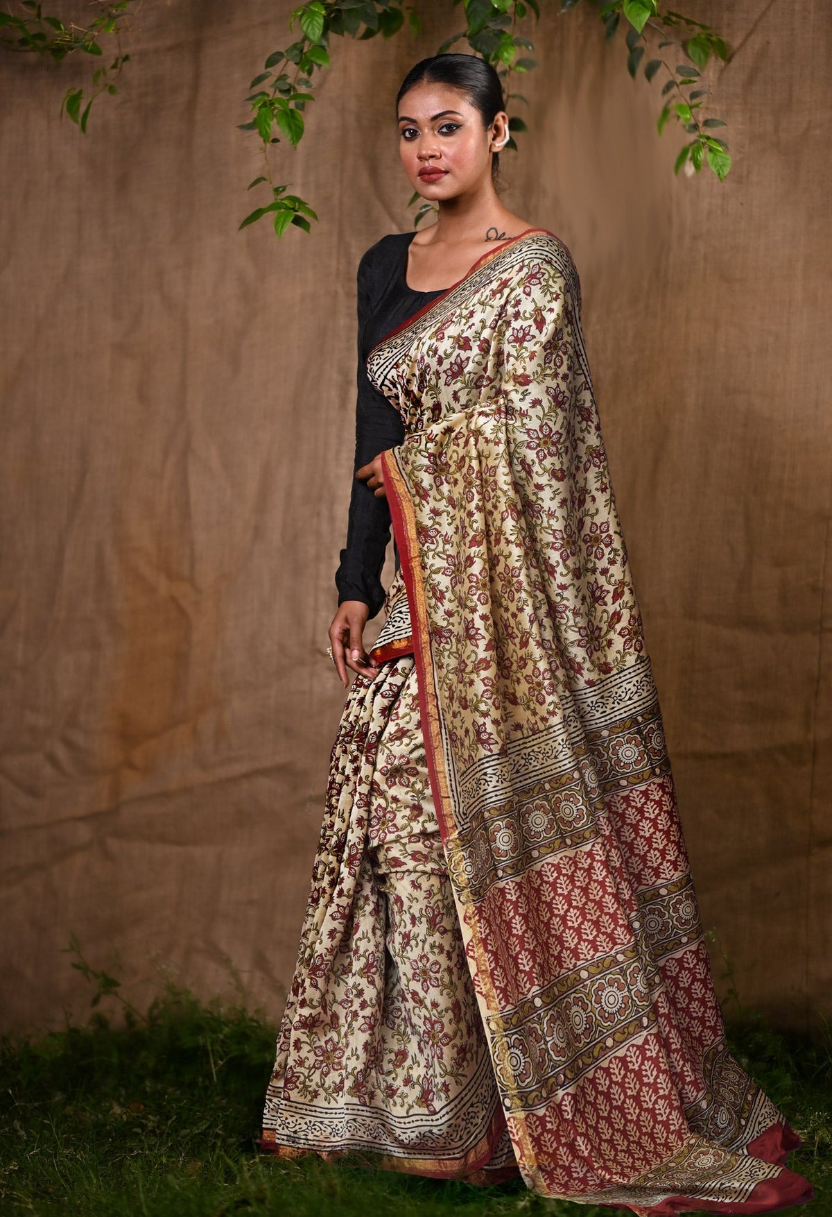 Cream Pure Bagru Kalamkari Printed Chanderi Sico Saree-UNM82660