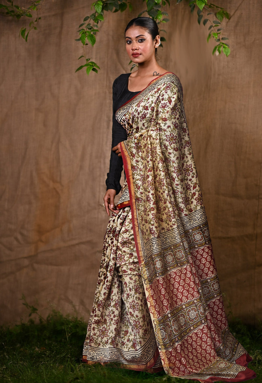 Cream Pure Bagru Kalamkari Printed Chanderi Sico Saree-UNM82660 - Pehnaawaa