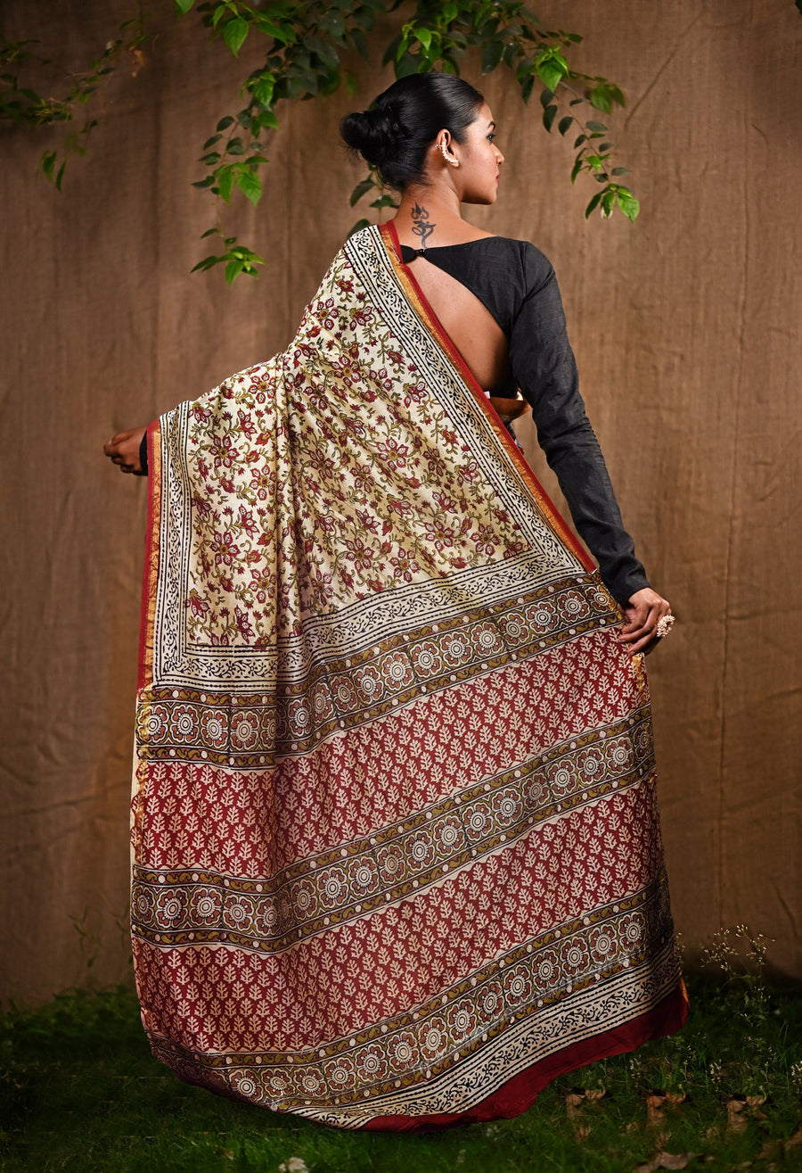 Cream Pure Bagru Kalamkari Printed Chanderi Sico Saree-UNM82660 - Pehnaawaa