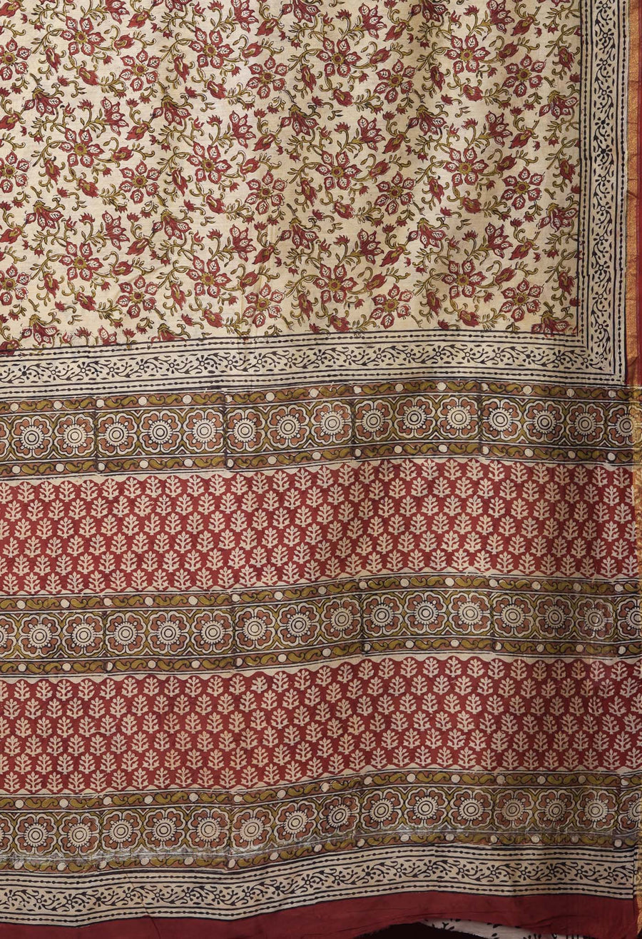 Cream Pure Bagru Kalamkari Printed Chanderi Sico Saree-UNM82660 - Pehnaawaa