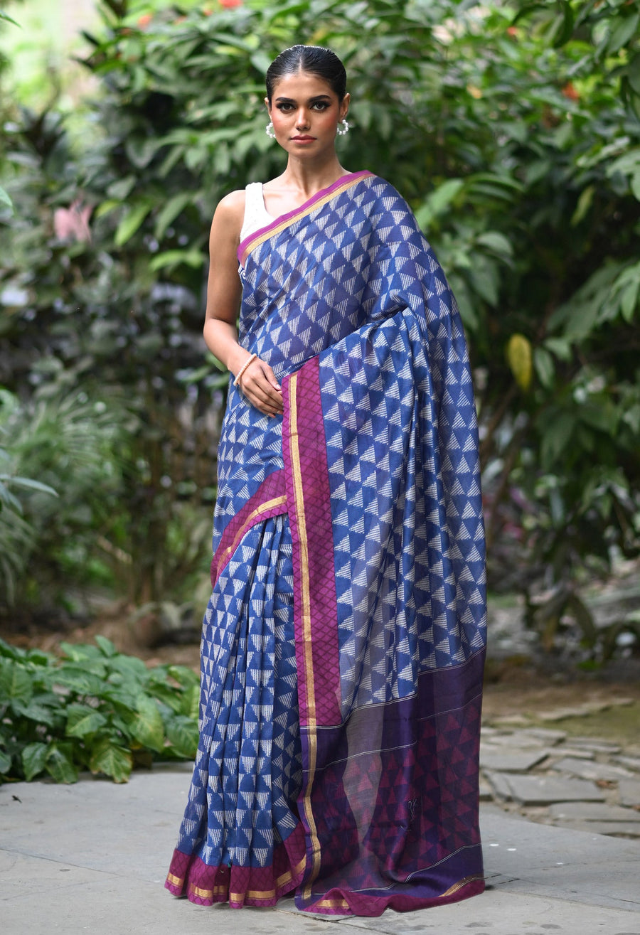 Navy Blue-Purple Pure Designer Printed Chanderi Sico Saree-UNM82857 - Pehnaawaa