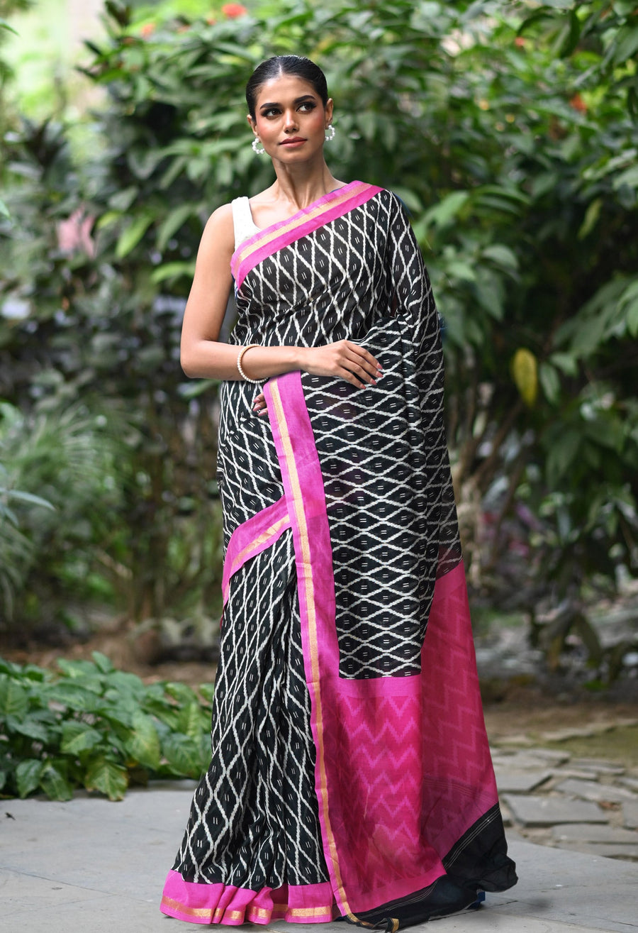 Black-Pink Pure Designer Printed Chanderi Sico Saree-UNM82859 - Pehnaawaa