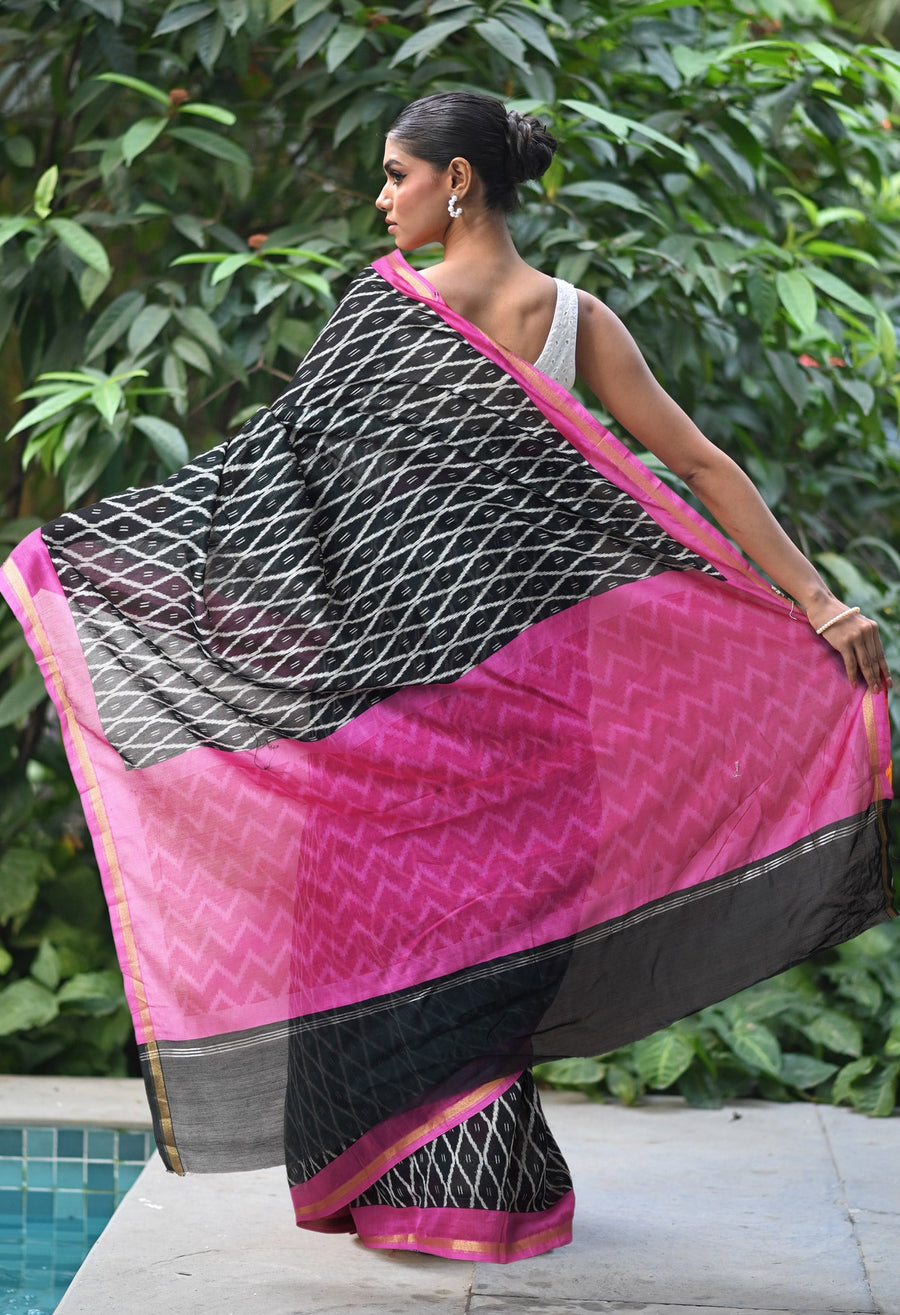 Black-Pink Pure Designer Printed Chanderi Sico Saree-UNM82859 - Pehnaawaa