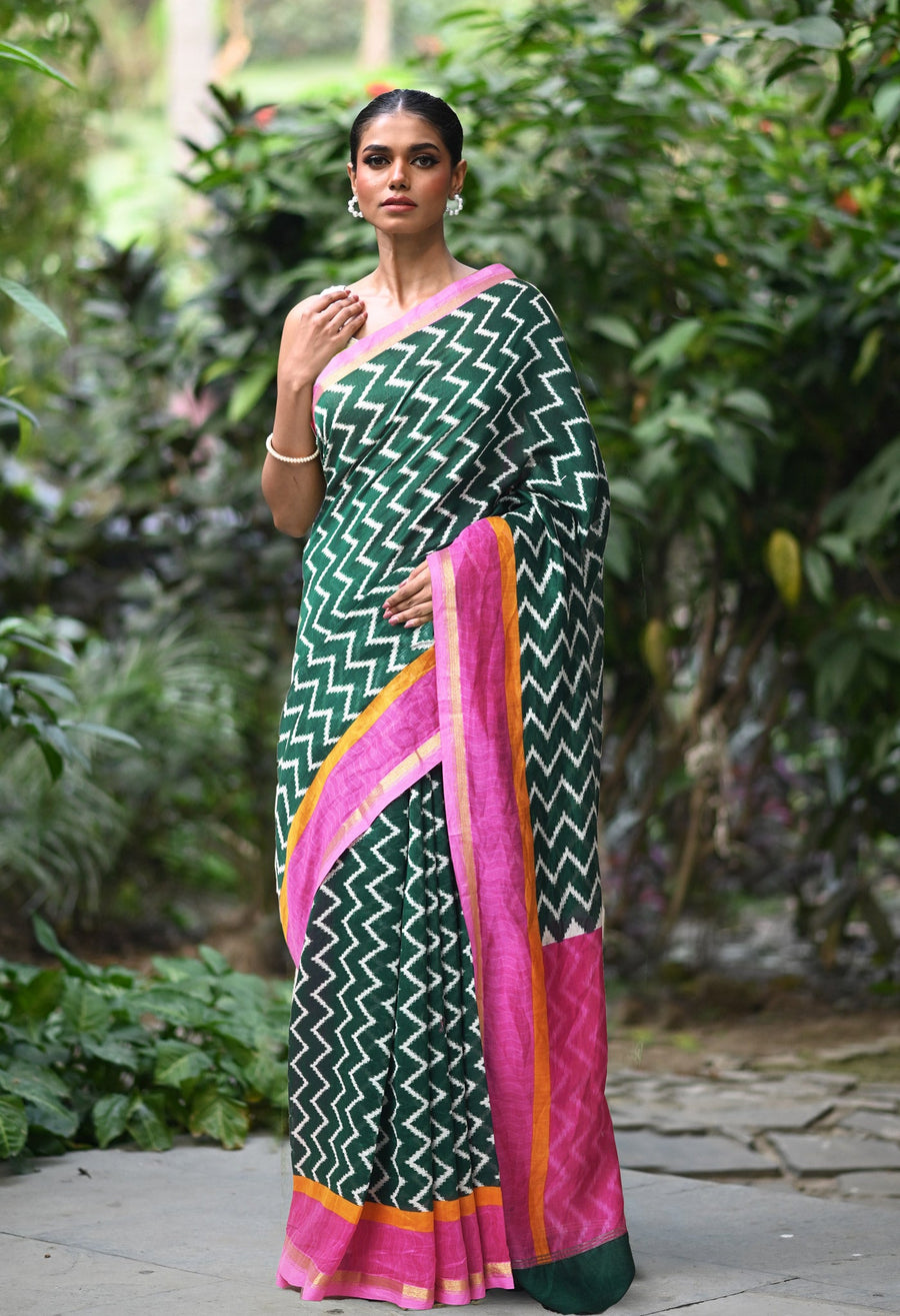 Green-Pink Pure Designer Printed Chanderi Sico Saree-UNM82863 - Pehnaawaa