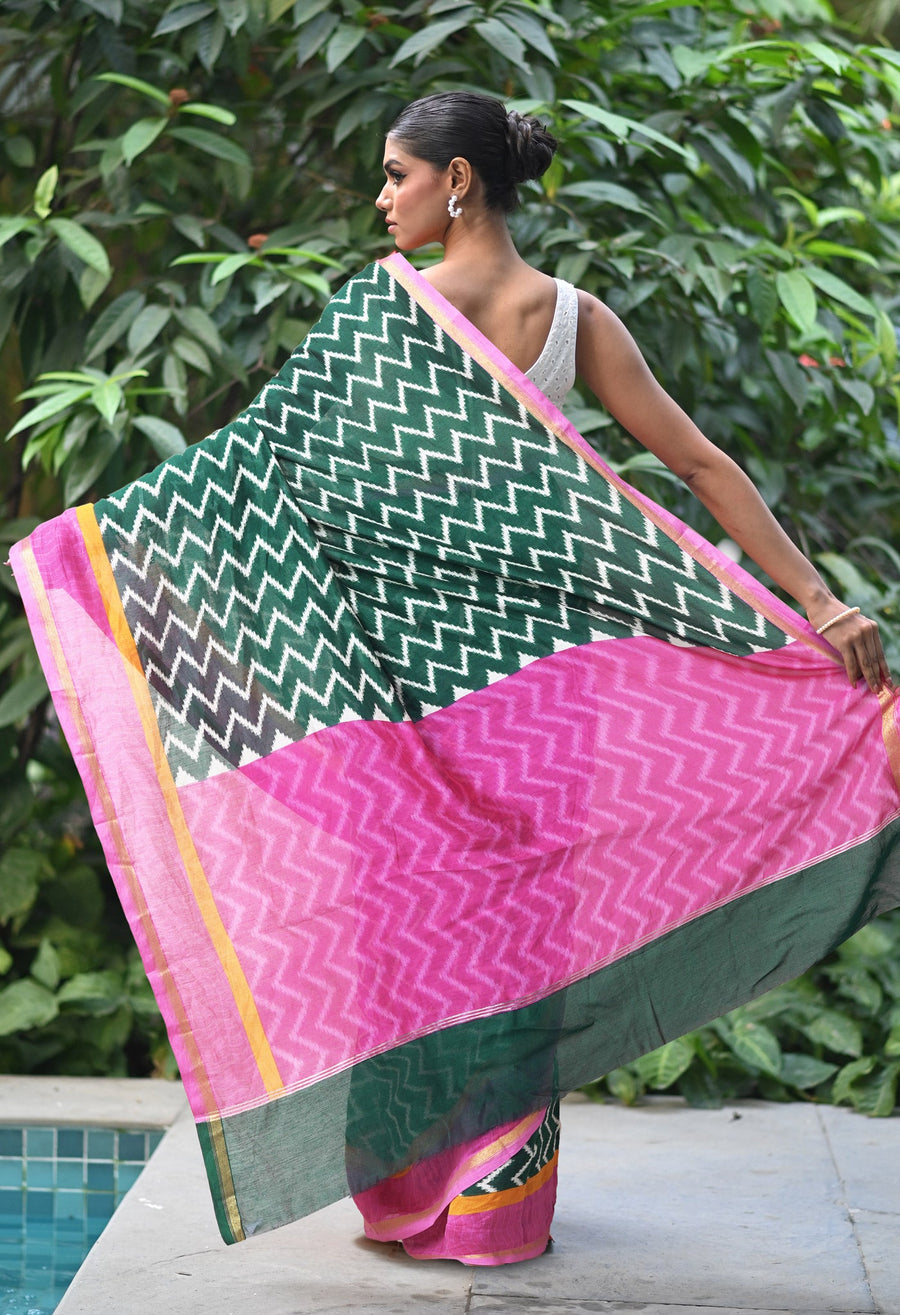 Green-Pink Pure Designer Printed Chanderi Sico Saree-UNM82863 - Pehnaawaa