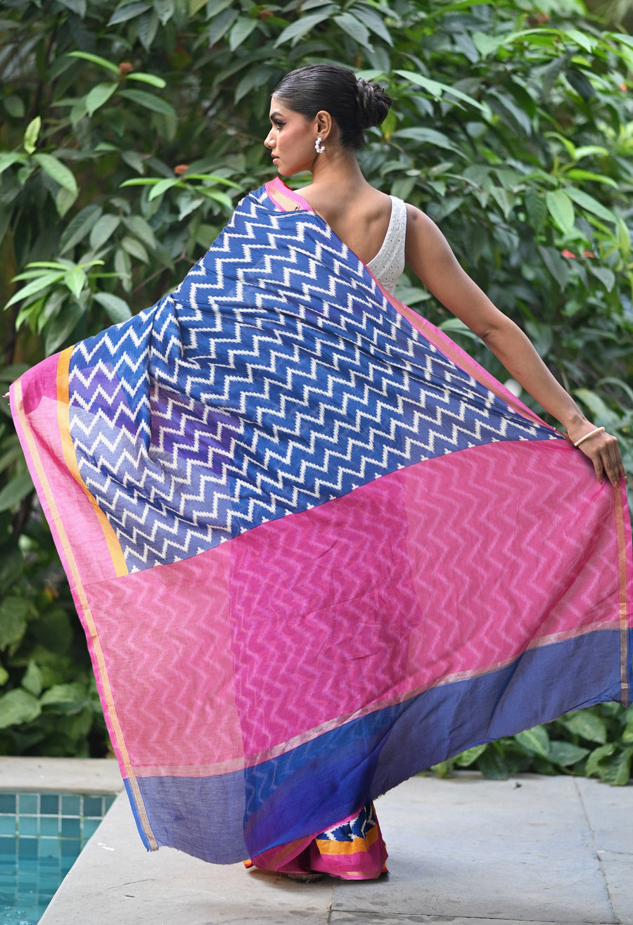 Navy Blue-Pink Pure Designer Printed Chanderi Sico Saree-UNM82865 - Pehnaawaa