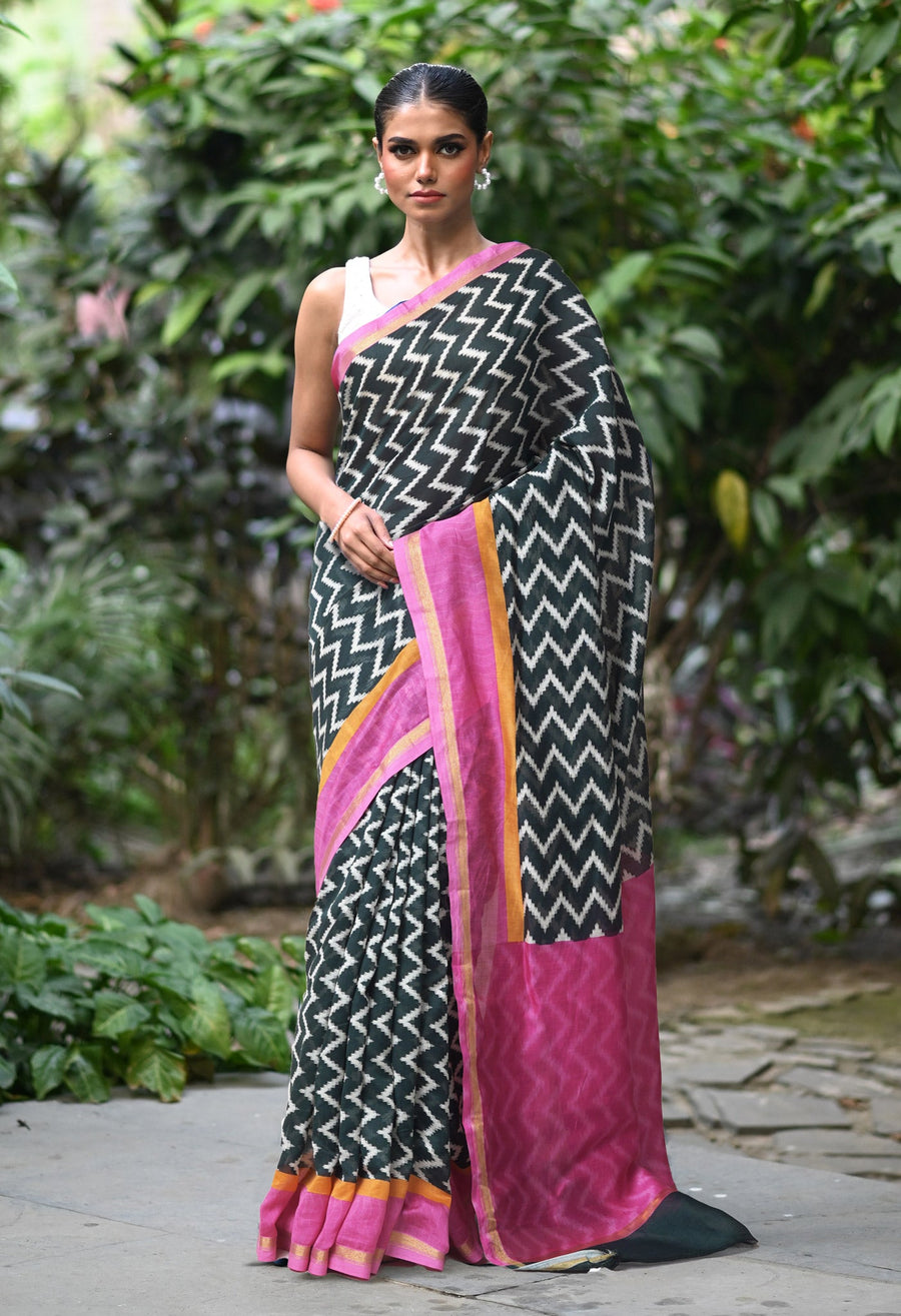 Black-Pink Pure Designer Printed Chanderi Sico Saree-UNM82866 - Pehnaawaa