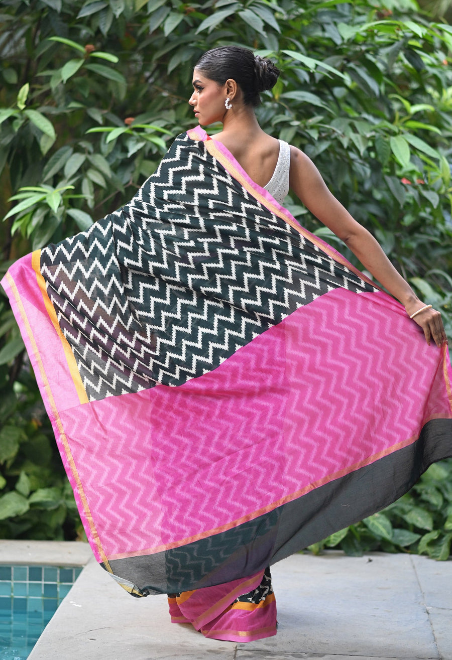 Black-Pink Pure Designer Printed Chanderi Sico Saree-UNM82866 - Pehnaawaa