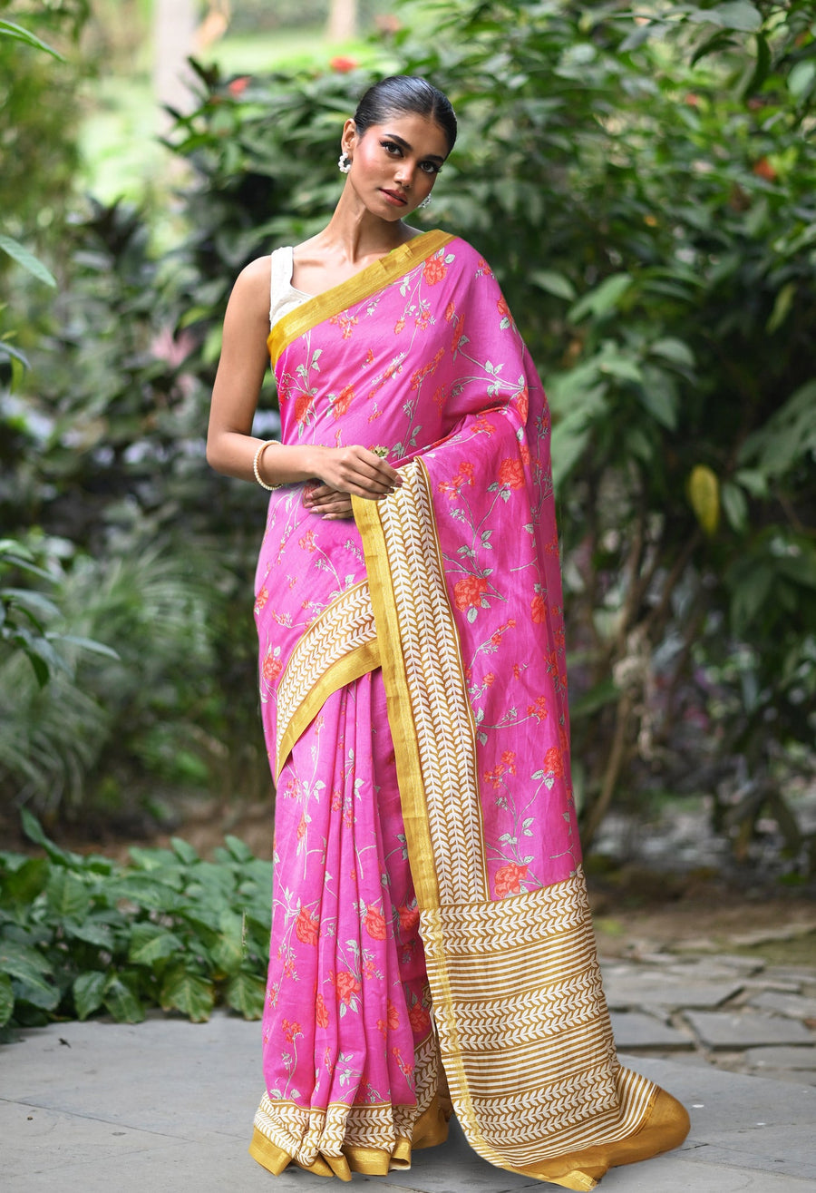 Pink Brown Pure Designer Printed Chanderi Sico Saree-UNM82871 - Pehnaawaa