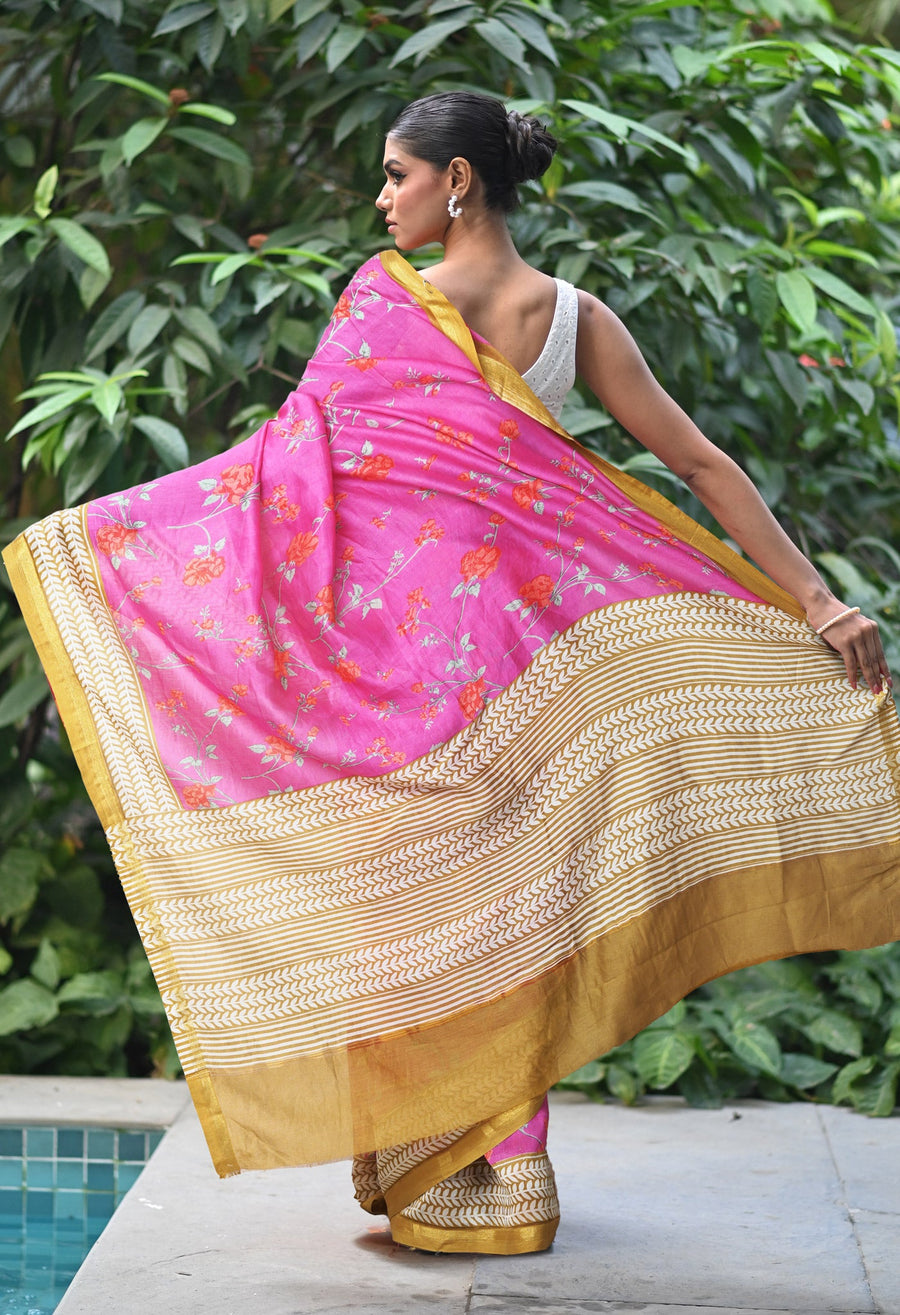 Pink Brown Pure Designer Printed Chanderi Sico Saree-UNM82871 - Pehnaawaa
