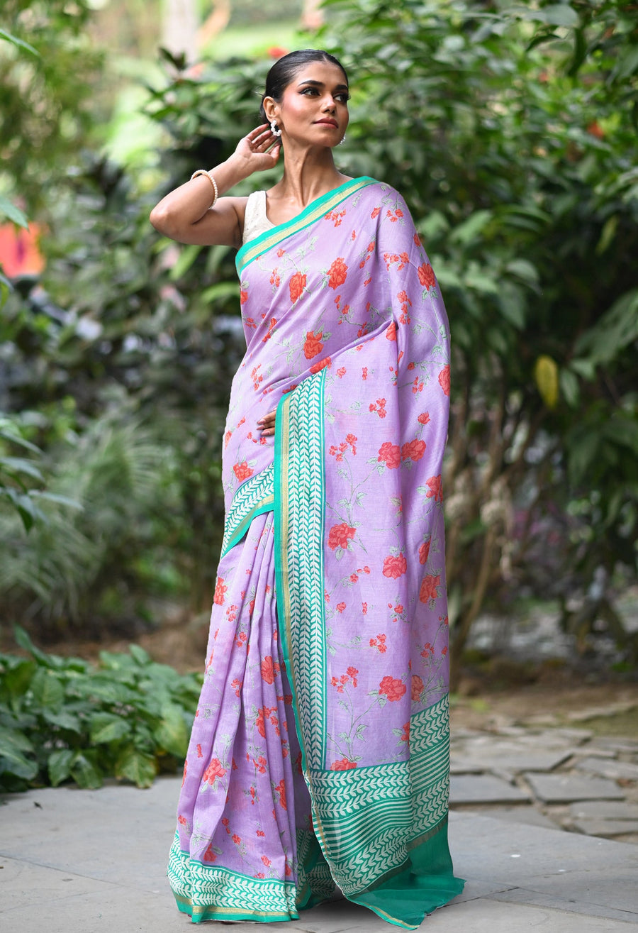 Pale LavenderTurquoise Blue Pure Designer Printed Chanderi Sico Saree-UNM82872 - Pehnaawaa