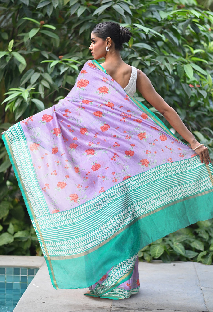 Pale LavenderTurquoise Blue Pure Designer Printed Chanderi Sico Saree-UNM82872 - Pehnaawaa