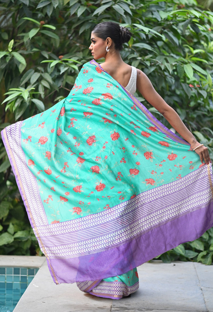 Turquoise BlueLavender Pure Designer Printed Chanderi Sico Saree-UNM82873 - Pehnaawaa