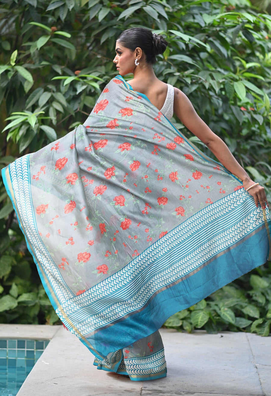 Grey-Blue Pure Designer Printed Chanderi Sico Saree-UNM82874 - Pehnaawaa