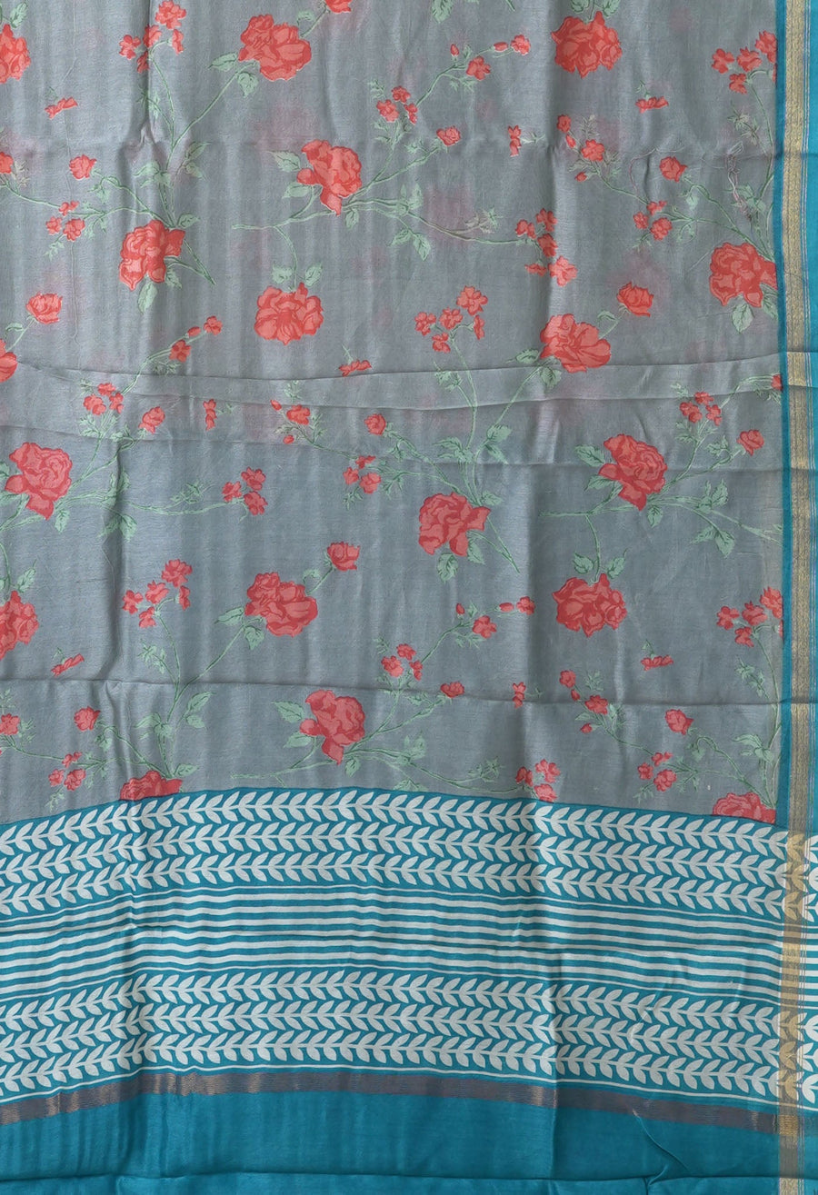 Grey-Blue Pure Designer Printed Chanderi Sico Saree-UNM82874 - Pehnaawaa