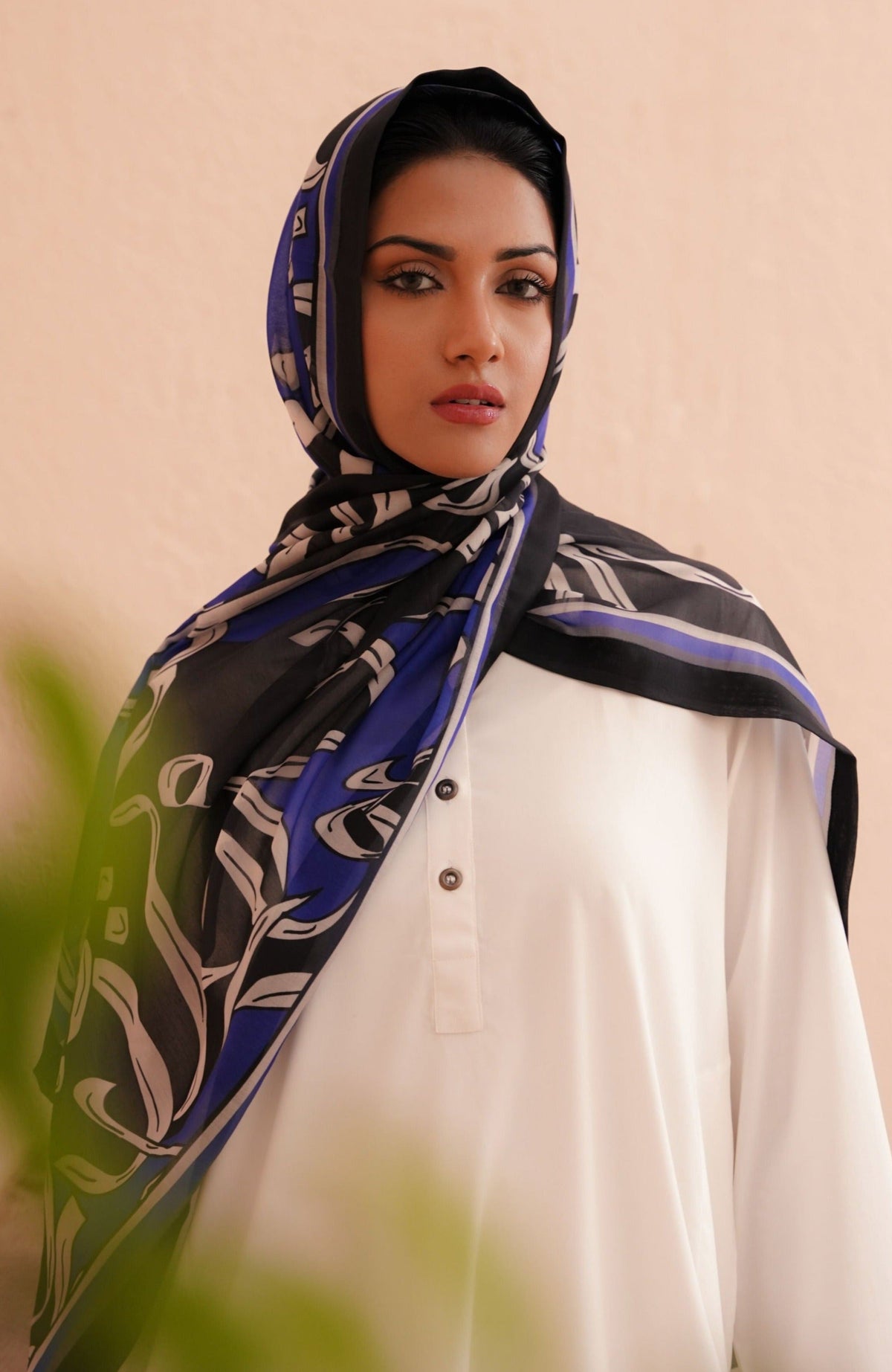 Elegant Black and Blue Printed Scarf