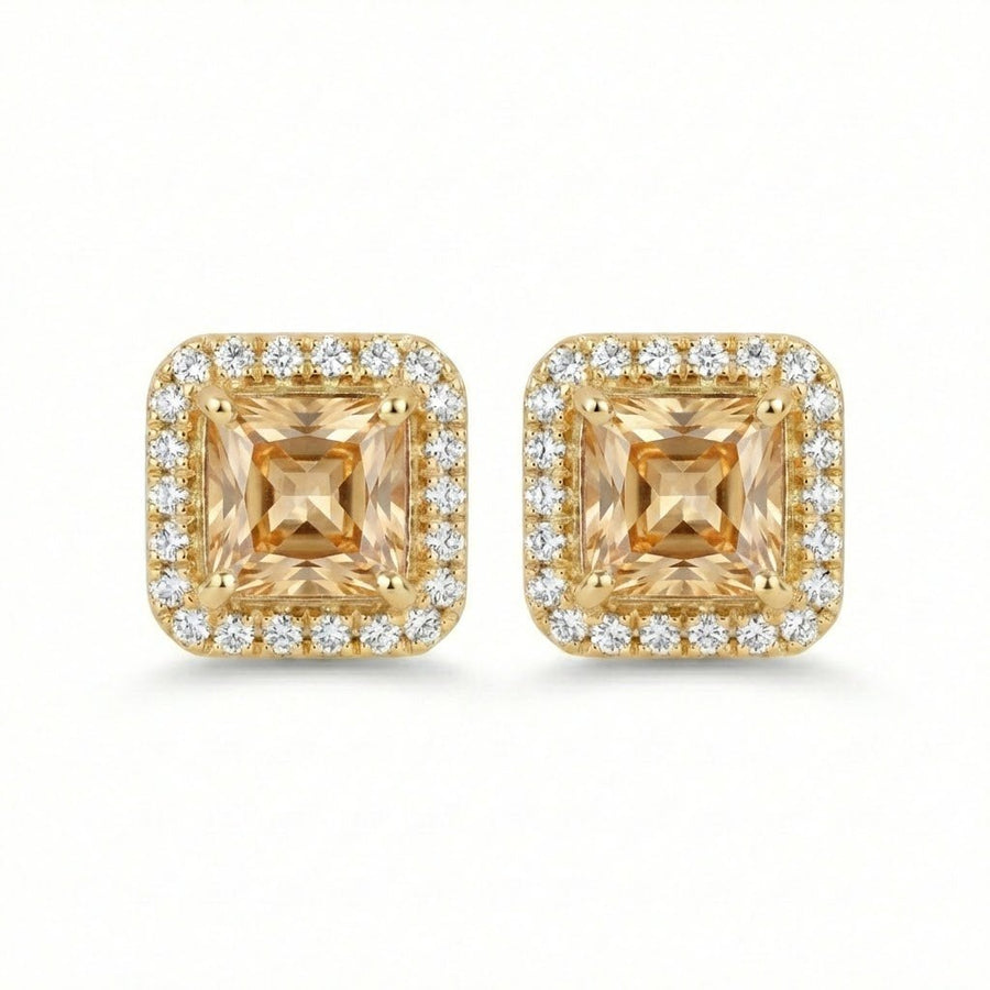 Champagne-toned square halo stud earrings with gold-tone frame and sparkling round stones on white background