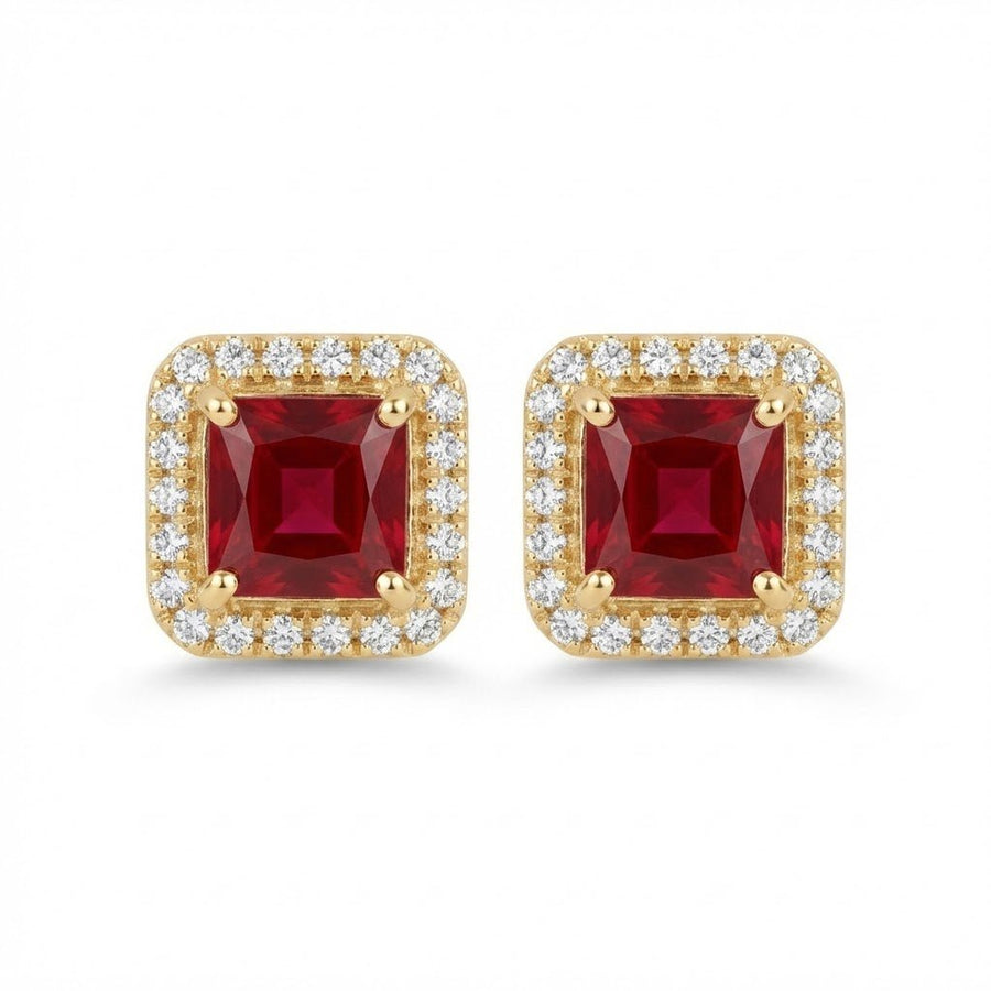 Pair of gold-tone square halo stud earrings with deep red square-cut center stones and surrounding sparkling round stones on white background