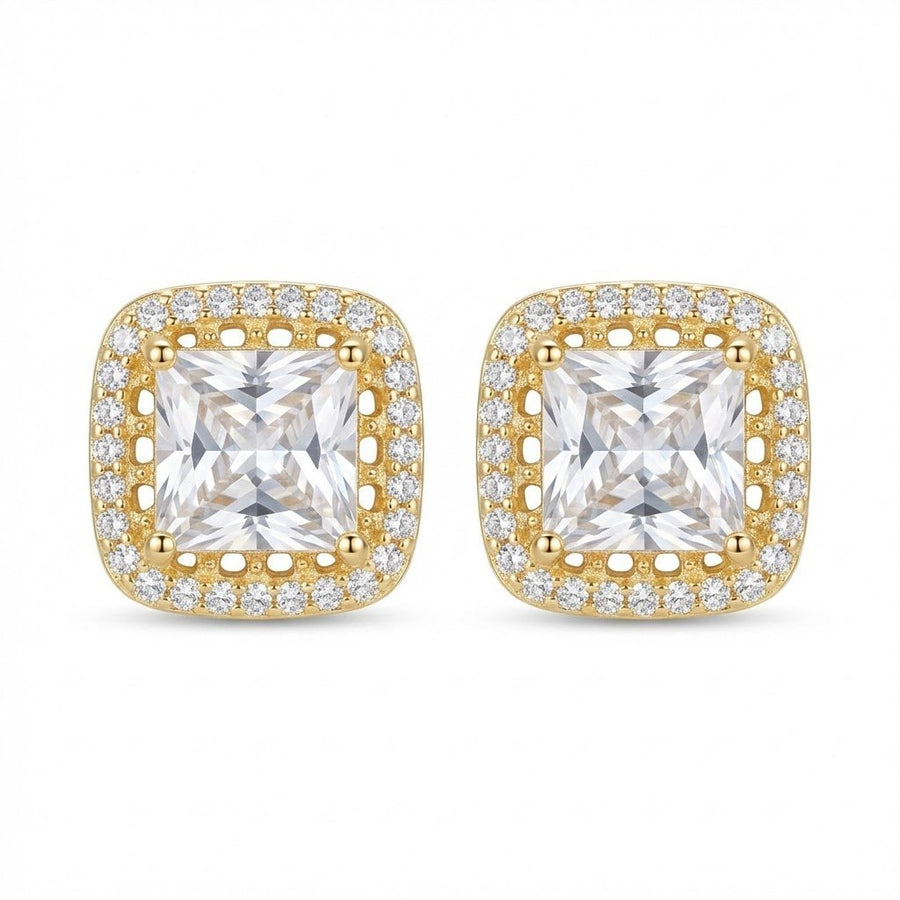 Clear square halo stud earrings with gold-tone metal frame and round cut stones on white background