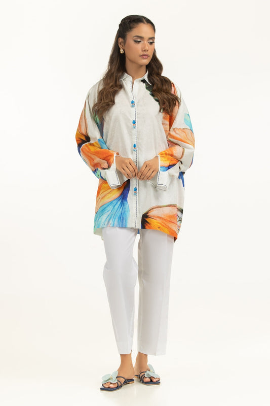 Off-White Viscose 2-Piece Shirt Set | Floral Print Sleeves