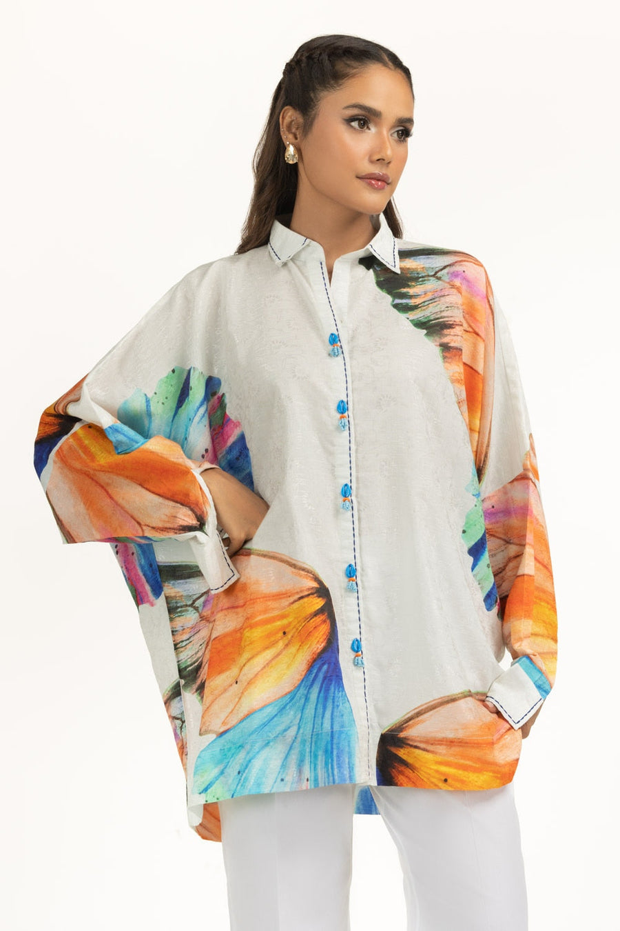 Off-White Viscose 2-Piece Shirt Set | Floral Print Sleeves