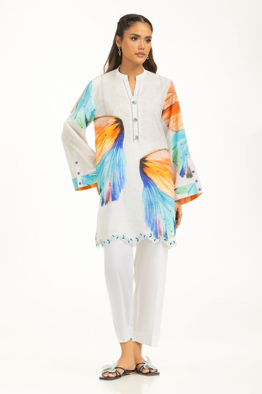 Off-White Viscose 2-Piece Suit | Watercolor Wing Motif