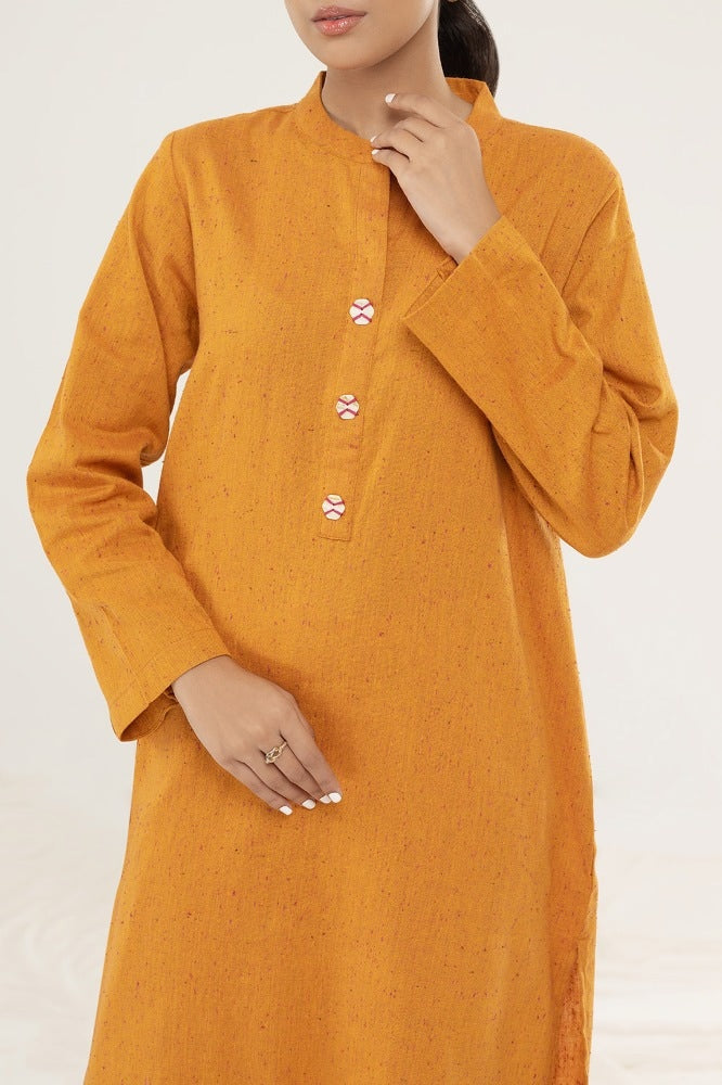Mustard Linen 2-Piece Kurta Set | Bone Button Front