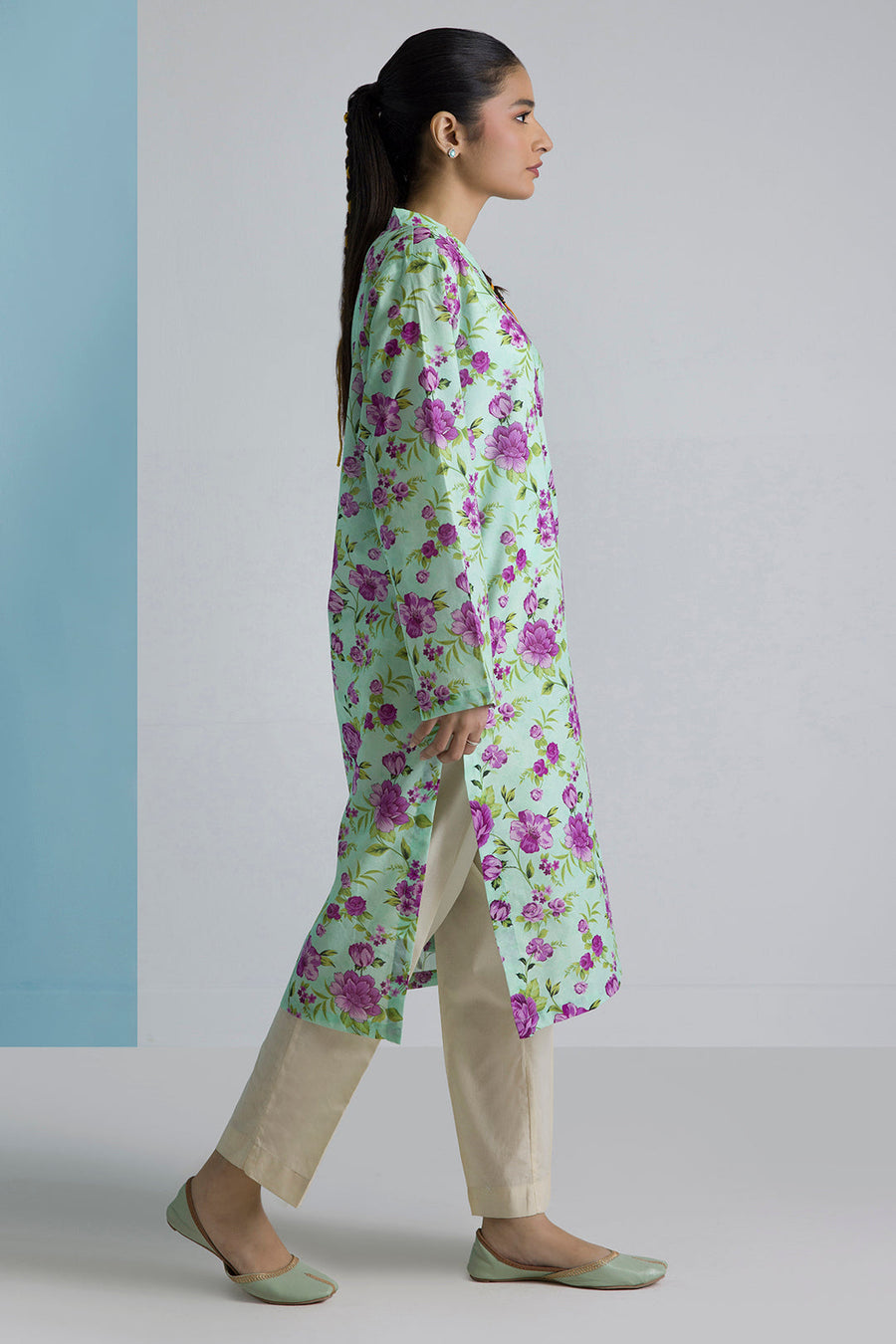 Sage Cotton 2-Piece Kurta Set | Floral Print with Contrast Trim