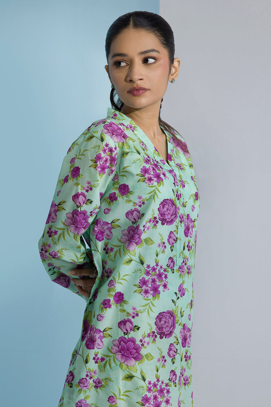 Sage Cotton 2-Piece Kurta Set | Floral Print with Contrast Trim