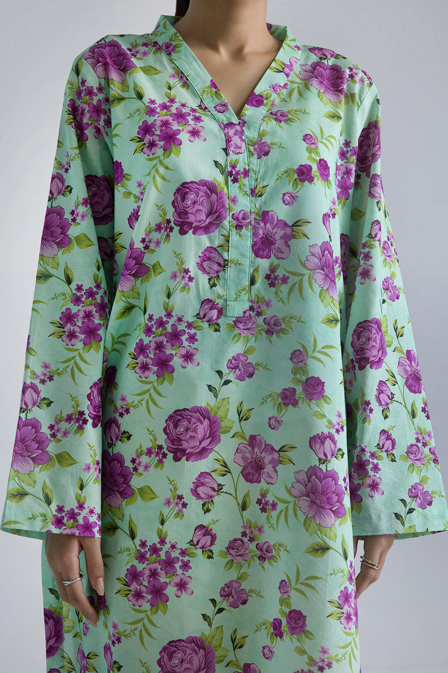 Sage Cotton 2-Piece Kurta Set | Floral Print with Contrast Trim