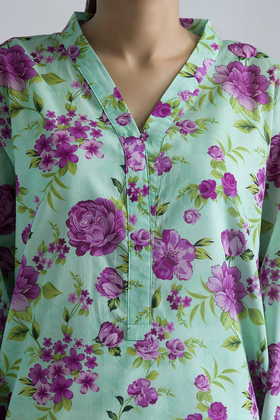 Sage Cotton 2-Piece Kurta Set | Floral Print with Contrast Trim