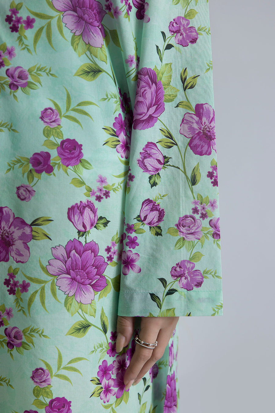 Sage Cotton 2-Piece Kurta Set | Floral Print with Contrast Trim