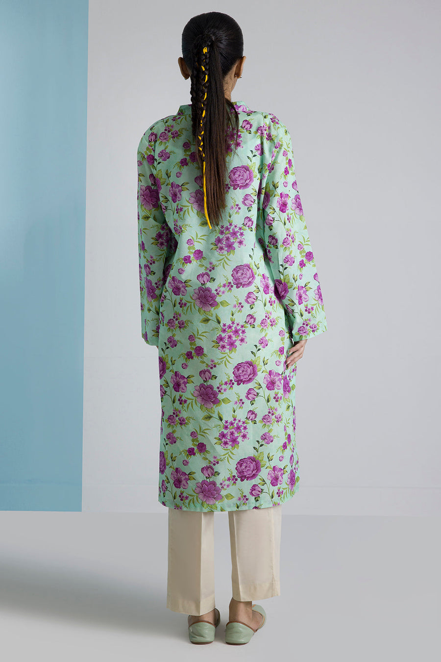 Sage Cotton 2-Piece Kurta Set | Floral Print with Contrast Trim