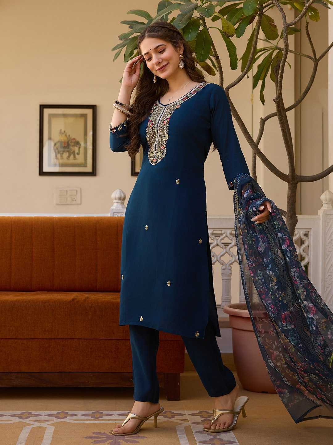 YNF Viscose Chanderi Embroidered Suit Set with Organza Dupatta – Elegant Daily & Festive Wear