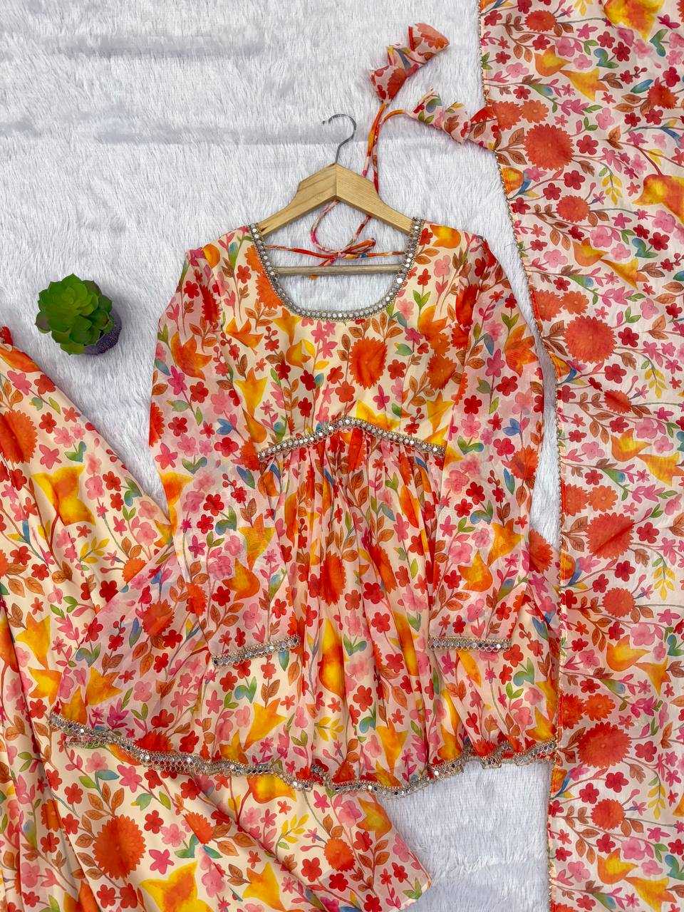 YNF Organza Kediya Kurta Set with Palazzo & Dupatta – Floral Mirror Work Dress | KESH617‑22
