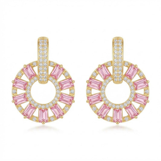 Pair of gold plated circle drop earrings with pink baguette-cut stones and sparkling round crystals